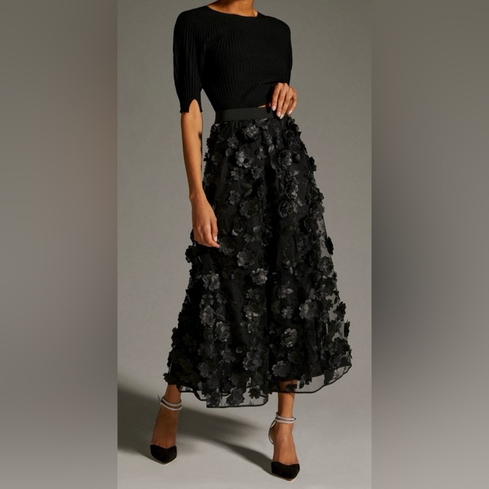 Black Floral Tulle Skirt  Mesh Appliqué High Rise